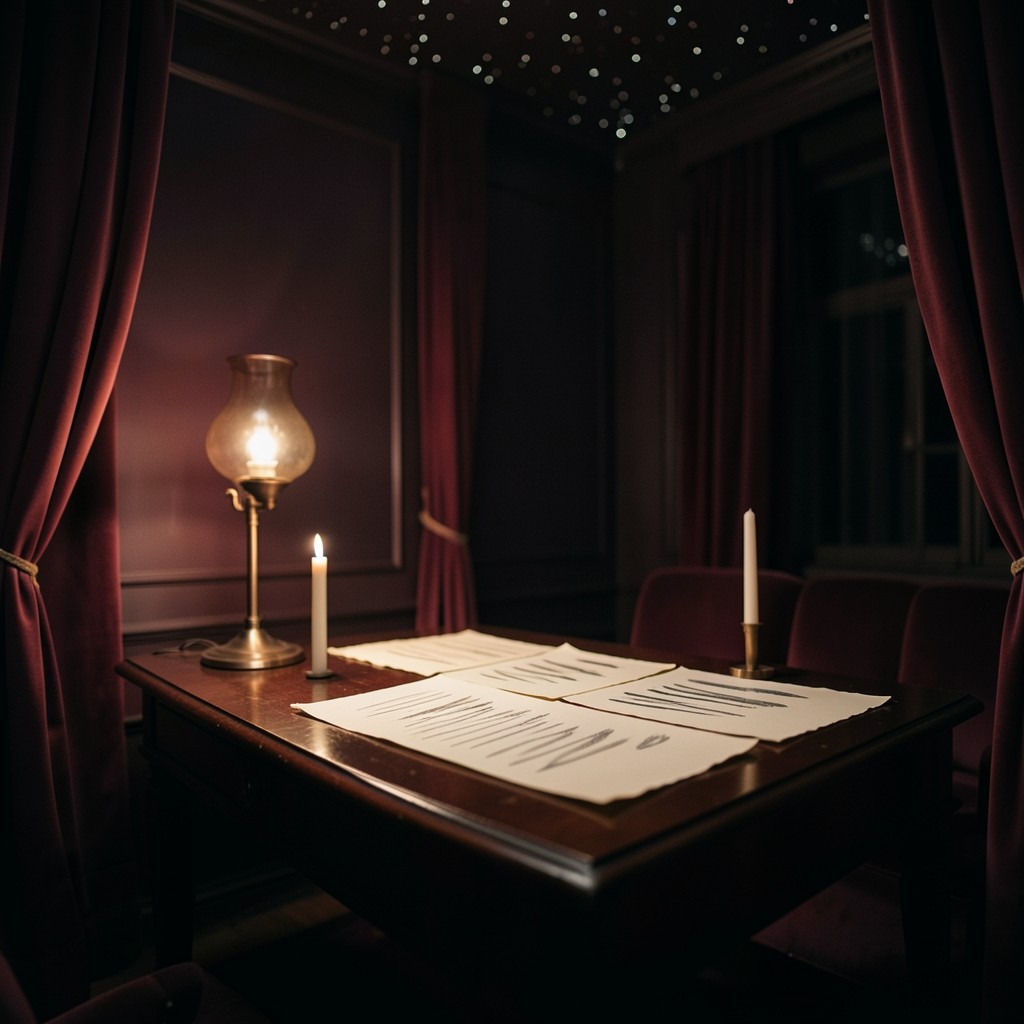 A lacquered table in a dim velvet room, with paper charts whose volume columns are tall graphite strokes under a copper lamp