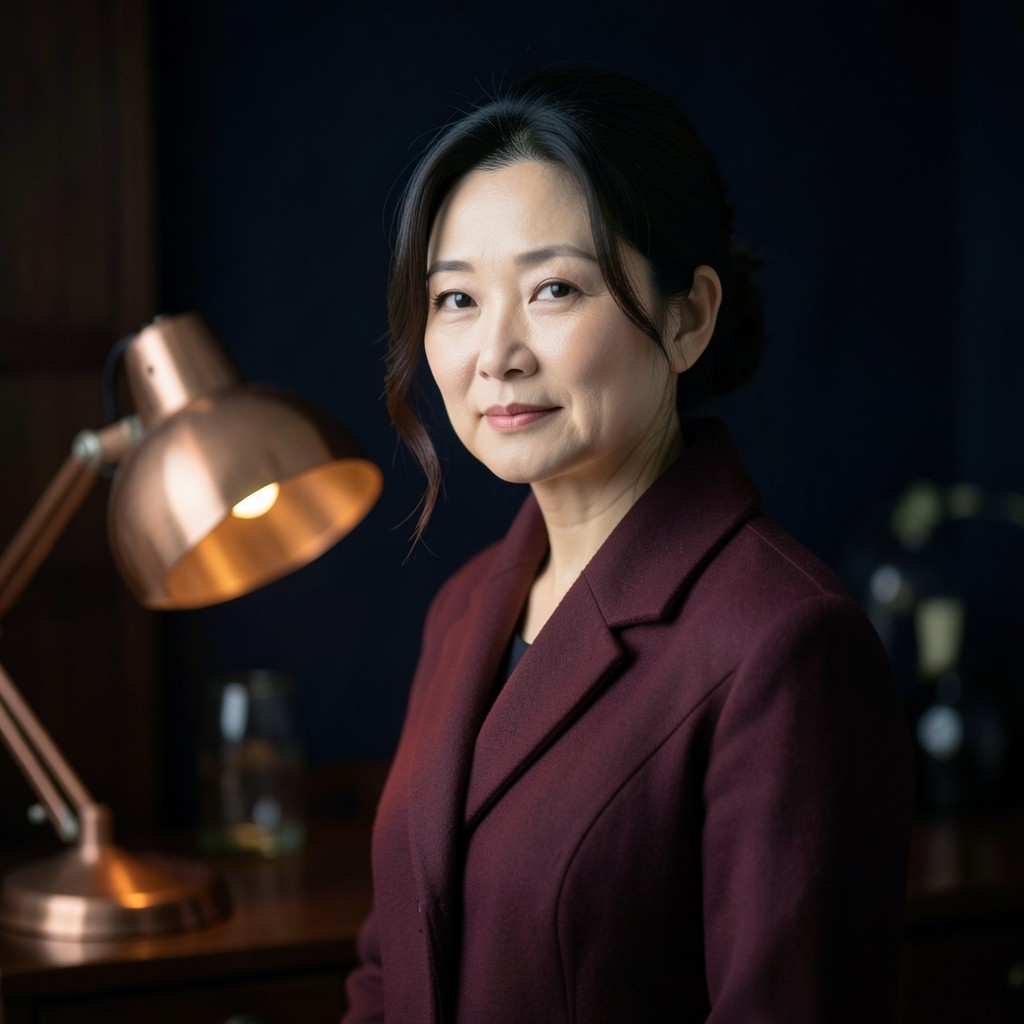 Kang Subin, lead of the volume clinic, standing beside a copper lamp in the chart room