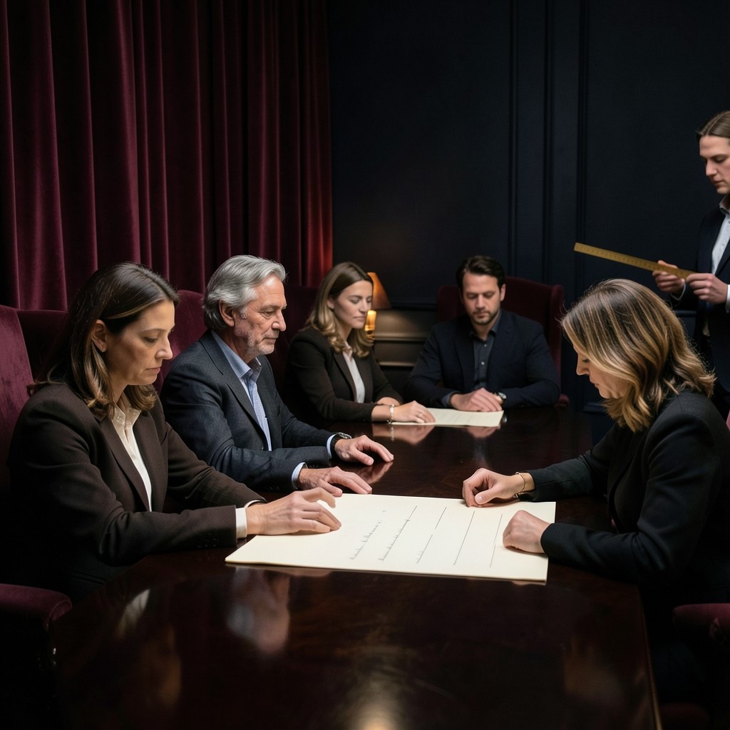 Five adults seated along a lacquered table, studying paper charts with volume columns during an evening clinic