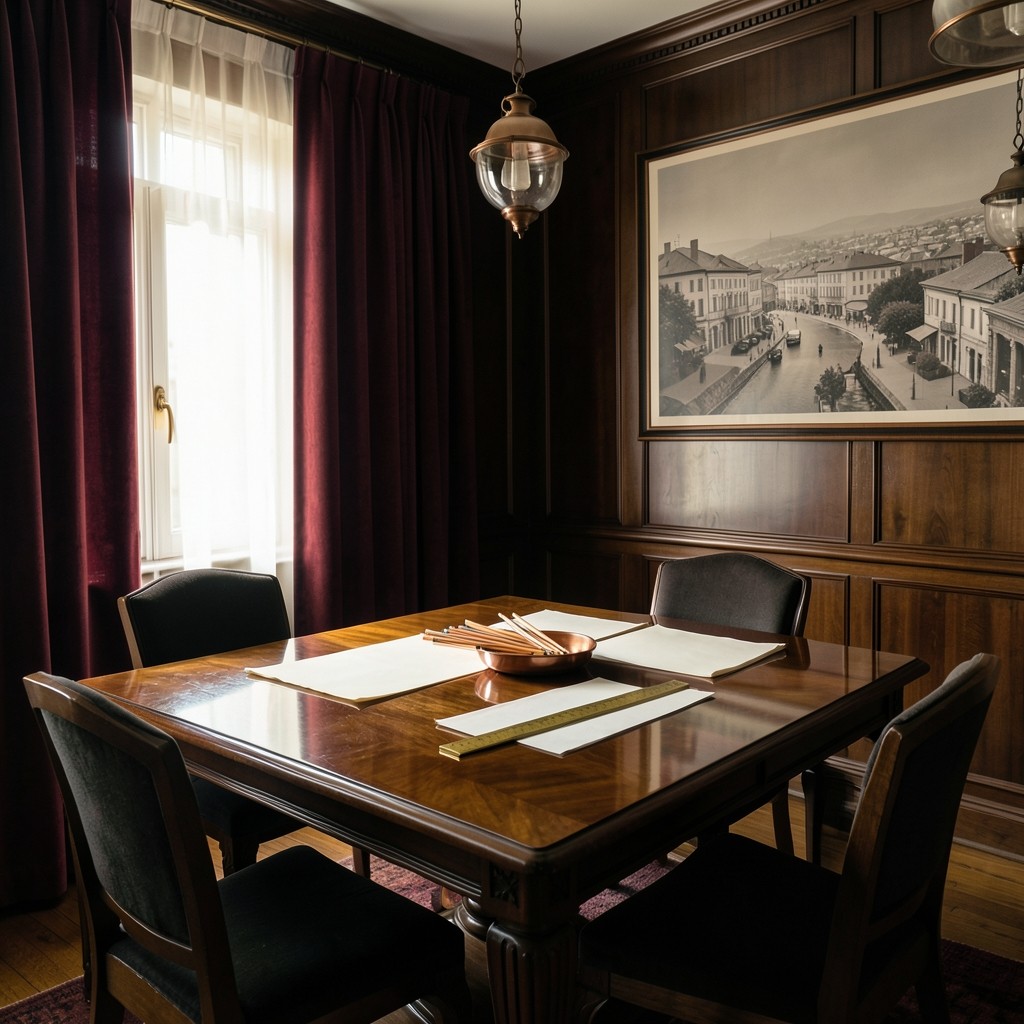 Morning light through burgundy curtains onto opening chart sheets and a copper tray of pencils